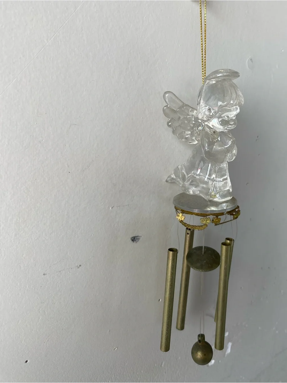 Vintage Clear Acrylic Praying Angel Mini Wind Chime Brass Tubes Y2K